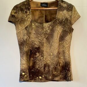 Artex Collection Brown Marble-Print Blouse with Gold Accents